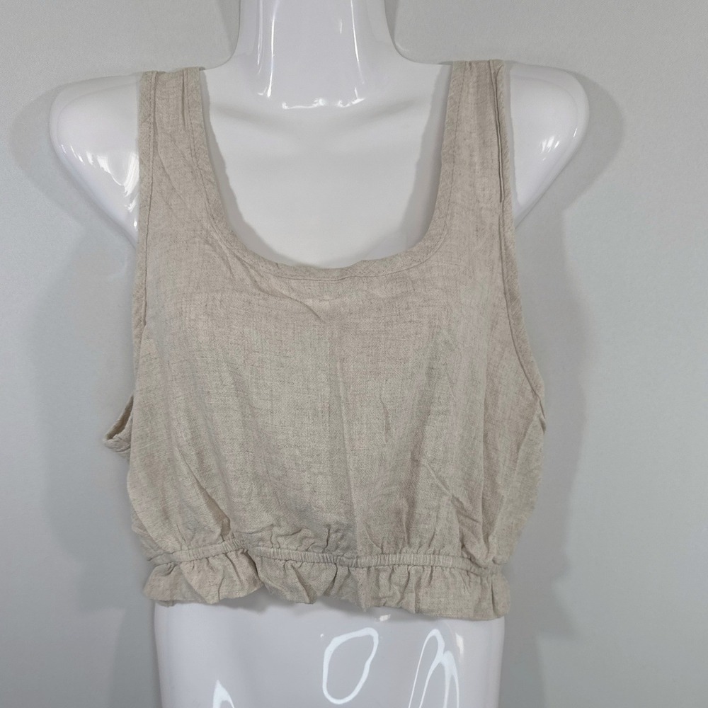 Final Touch Women Oatmeal Linen Blend Ruffle Hem Crop Tank Peasant Top Large